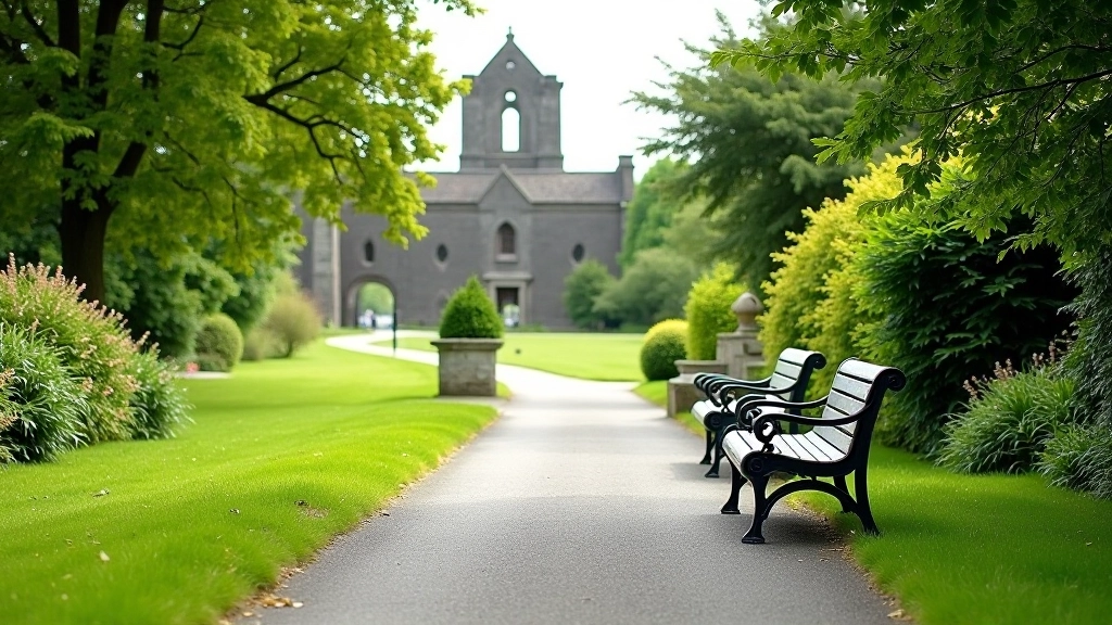 Accessible pathway with smooth surface and gentle gradient, rest benches visible, heritage ruins in background