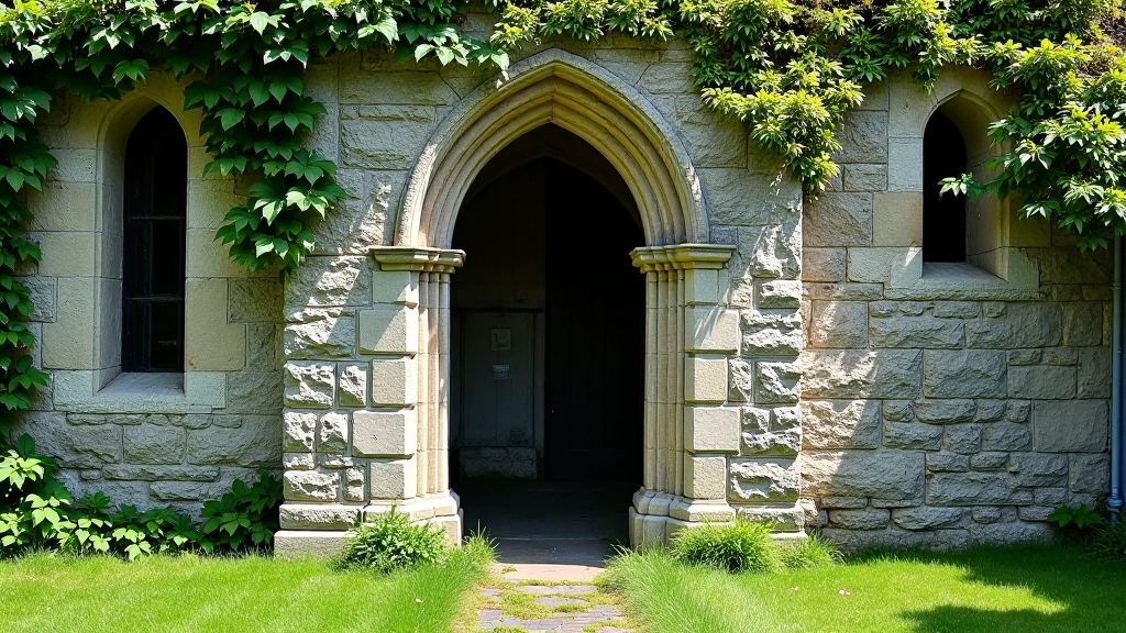 Stone archway and window frame of the medieval church structure with ivy and weathering showing age and texture
