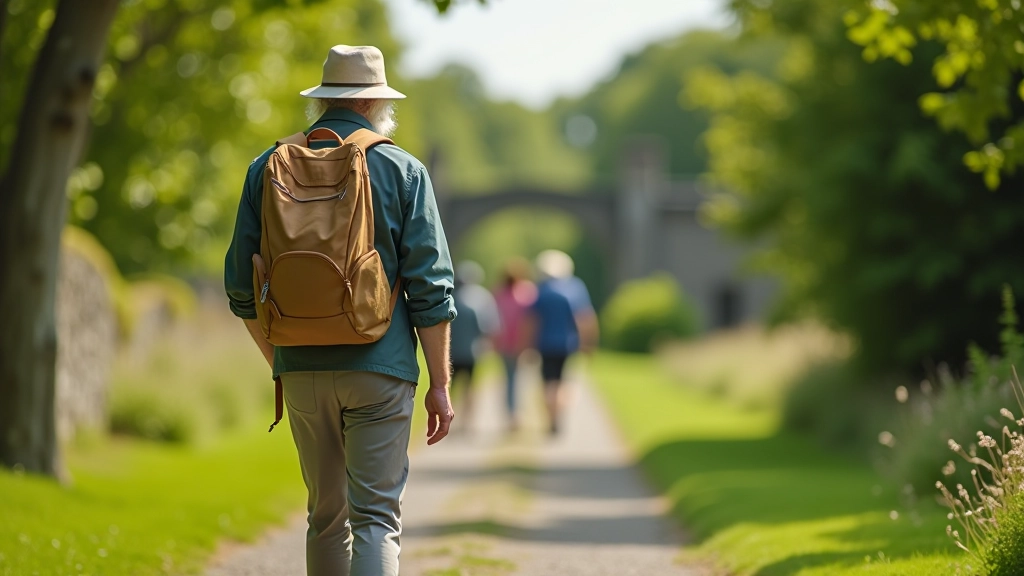 Day pack with water bottle, hat, comfortable walking shoes, sunscreen and light jacket arranged on outdoor surface