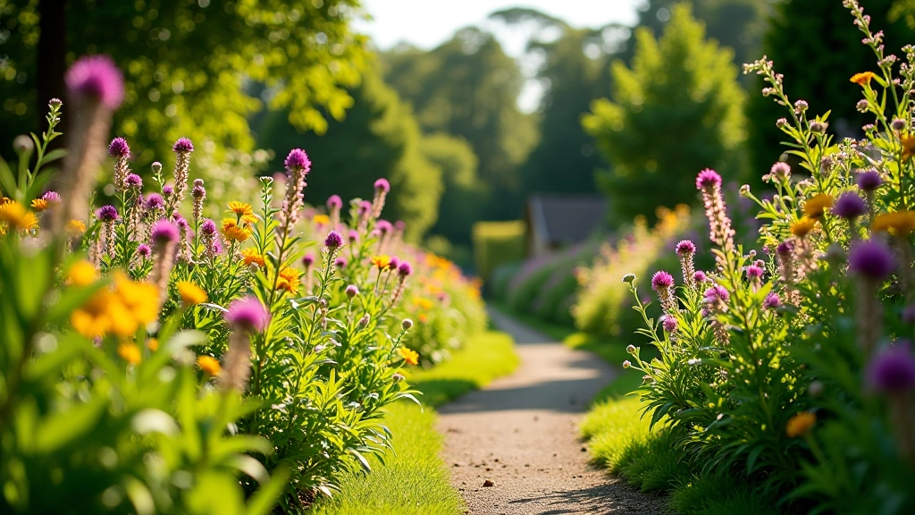 Herb garden in full bloom with colorful plants and flowers, sunny afternoon light, visitors walking peacefully on paths