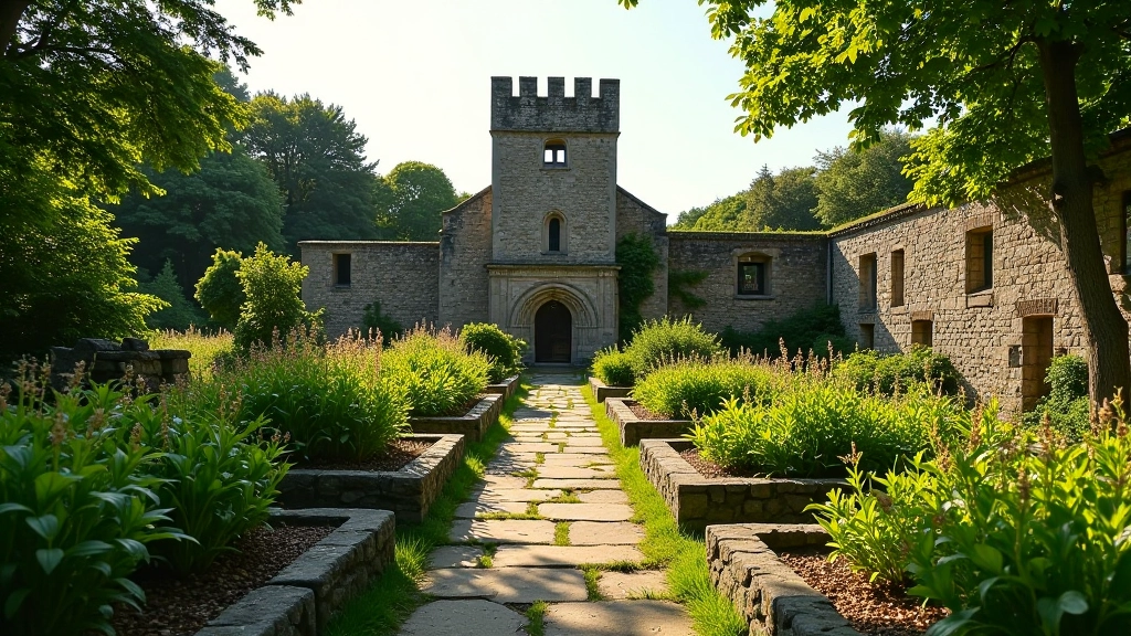 Ancient stone herb garden beds with weathered borders, medieval monastery architecture visible in background