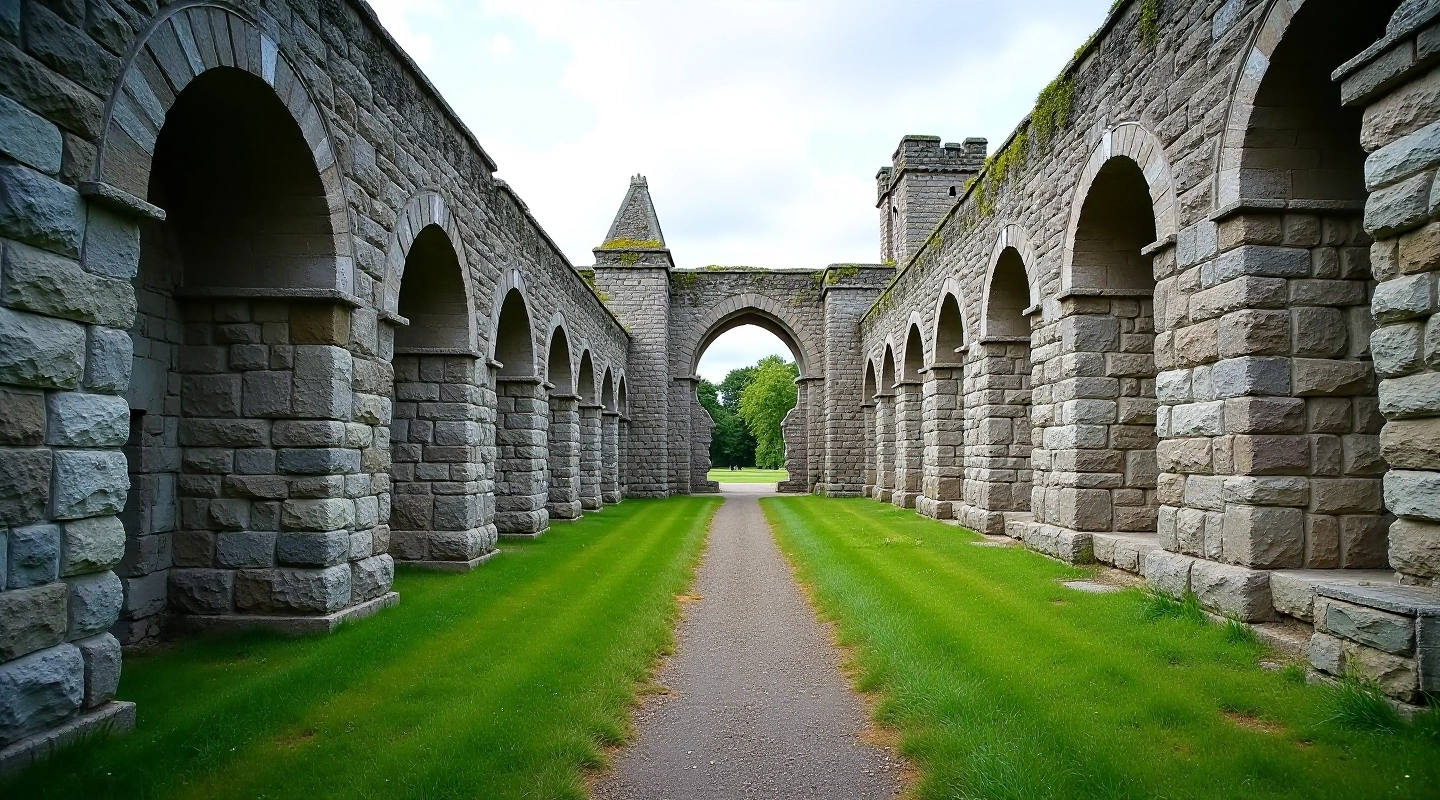 Historic Ennis Friary ruins with stone archways and weathered walls surrounded by green grounds
