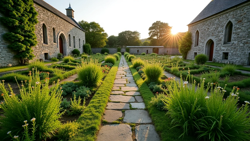 Wide landscape view of entire friary herb garden ruins, stone pathways visible, wild herb growth, ancient structures in background