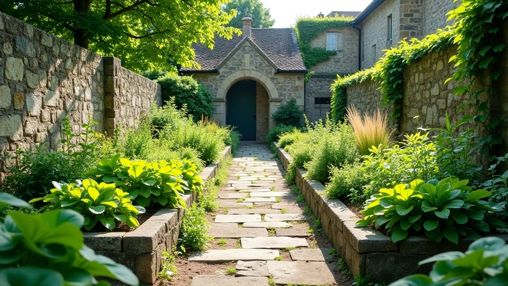Historic herb garden with raised beds and stone pathways, medicinal and culinary plants growing