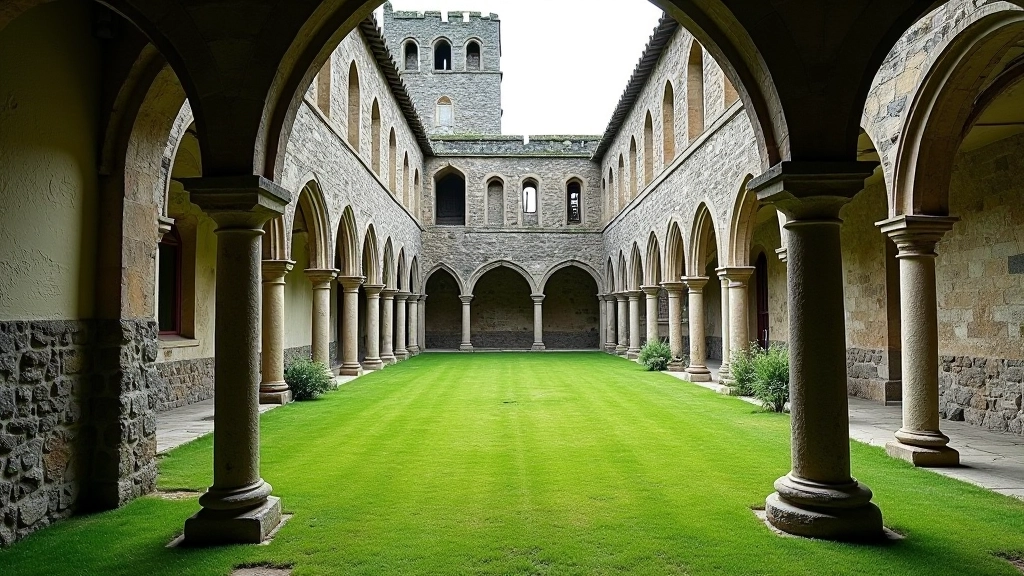 Stone cloister walkway with pillars and arches surrounding a central grass courtyard of the medieval monastery
