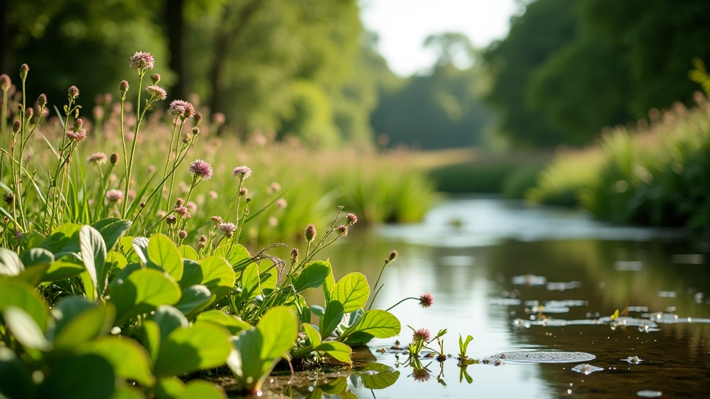 Close-up of riverbank vegetation and natural habitat along the water's edge