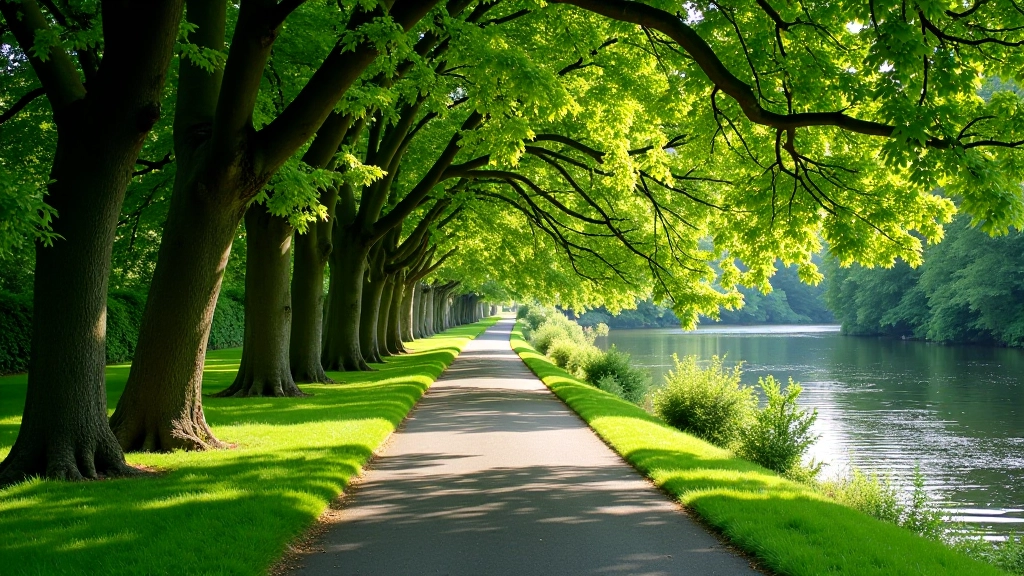 Peaceful riverside path with mature trees creating a natural canopy over the walking route
