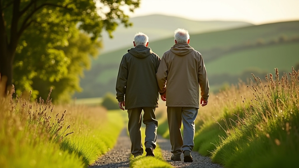 Retired couple walking on tree-lined path in Clare countryside, relaxed pace, scenic background