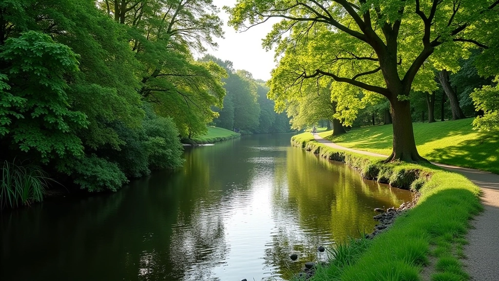 River Fergus flowing gently through green banks with walking path alongside the water and trees