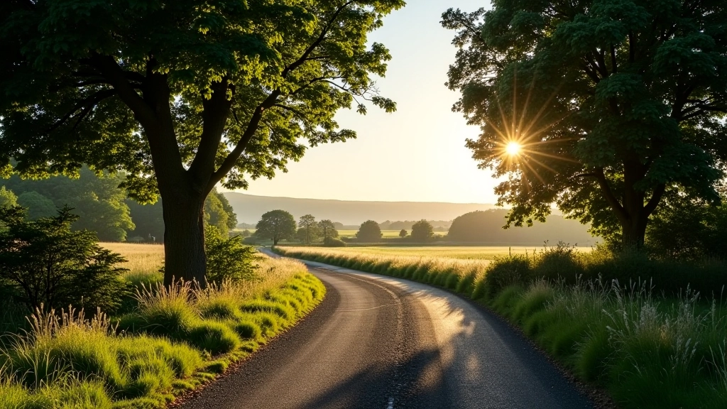 Scenic parking area with open fields and tree-lined entrance to friary grounds, morning light, peaceful atmosphere