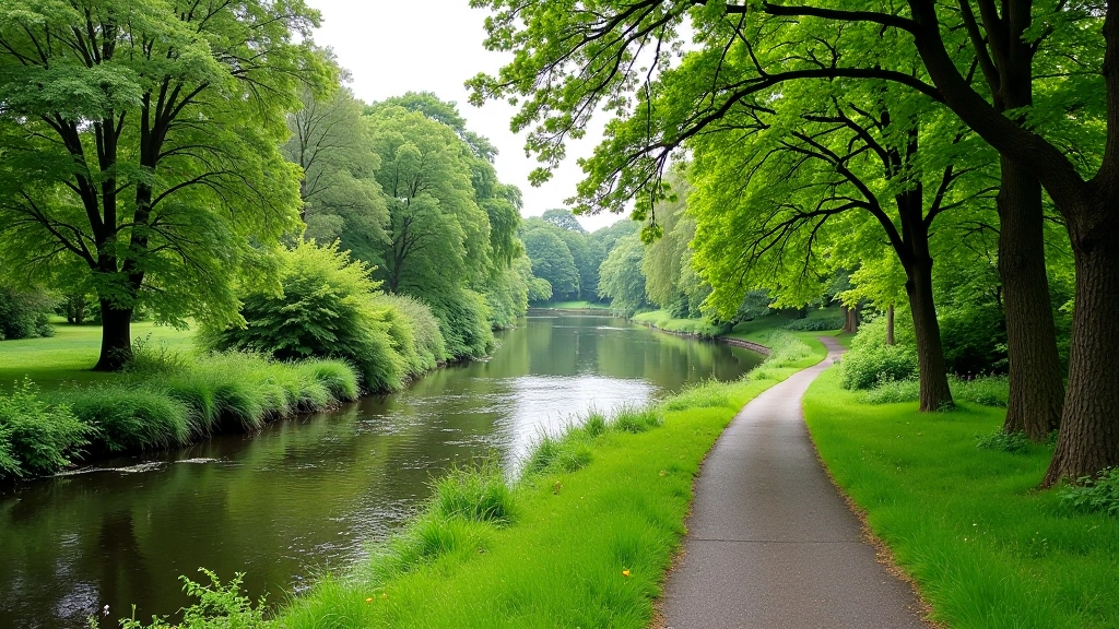 Peaceful river path alongside flowing water with green vegetation and stone banks creating natural walking route