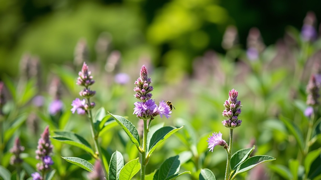 Flowering herb plants in full bloom during summer, bees and butterflies visiting flowers, natural garden setting