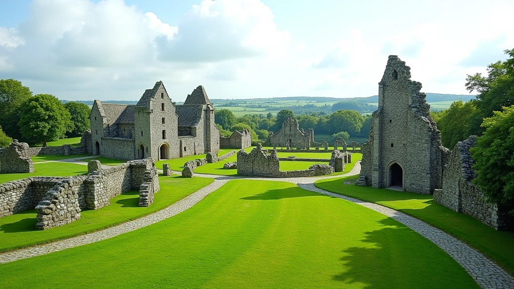 Wide view of entire friary grounds showing remaining stone walls, arches, and burial area with green landscape